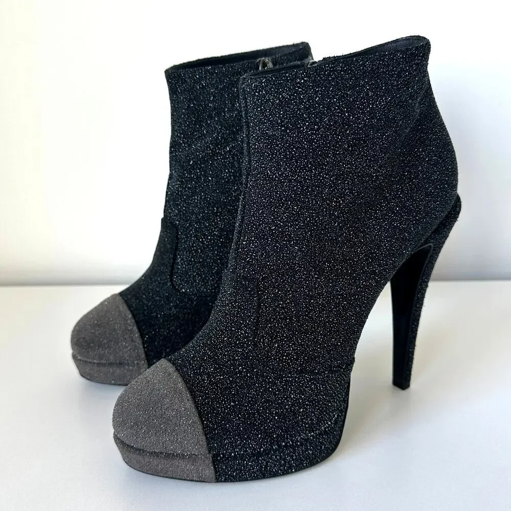 Chanel Black CC Sparkle Glitter Cap Toe Platform Short Boots IT 39